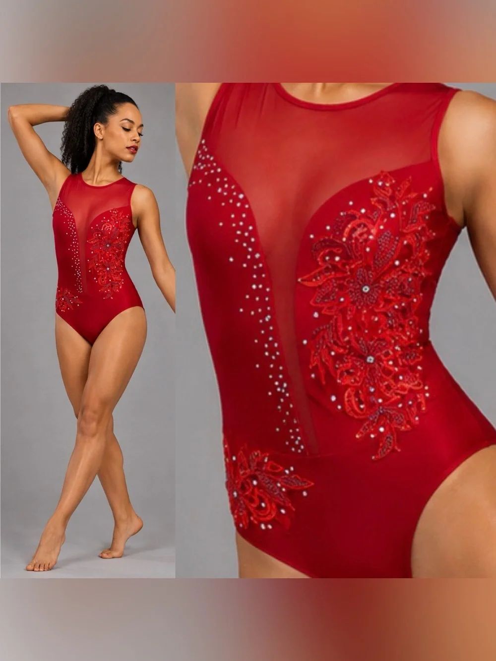 Ilo Gear Glamorous red custom solo dance costume leotard rhinestone mesh LA adl